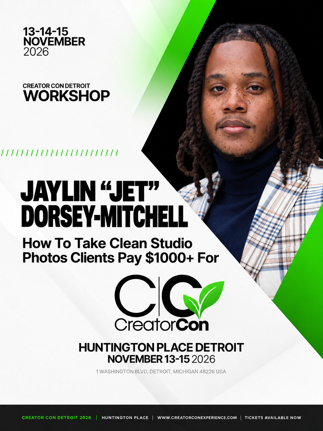 Creator Con workshop flyer for Jaylin “Jet” Dorsey-Mitchell