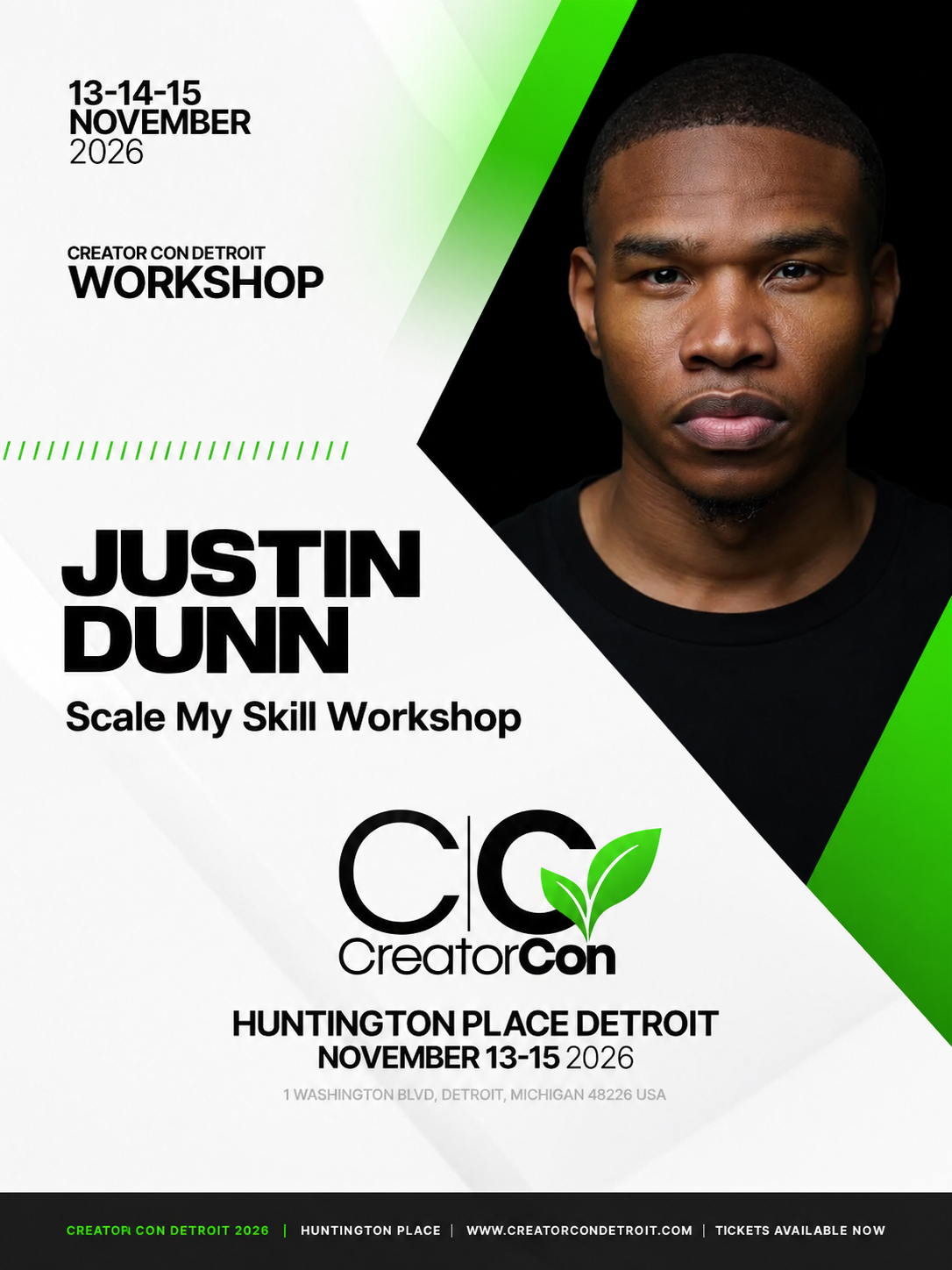 Creator Con workshop flyer for Justin Dunn