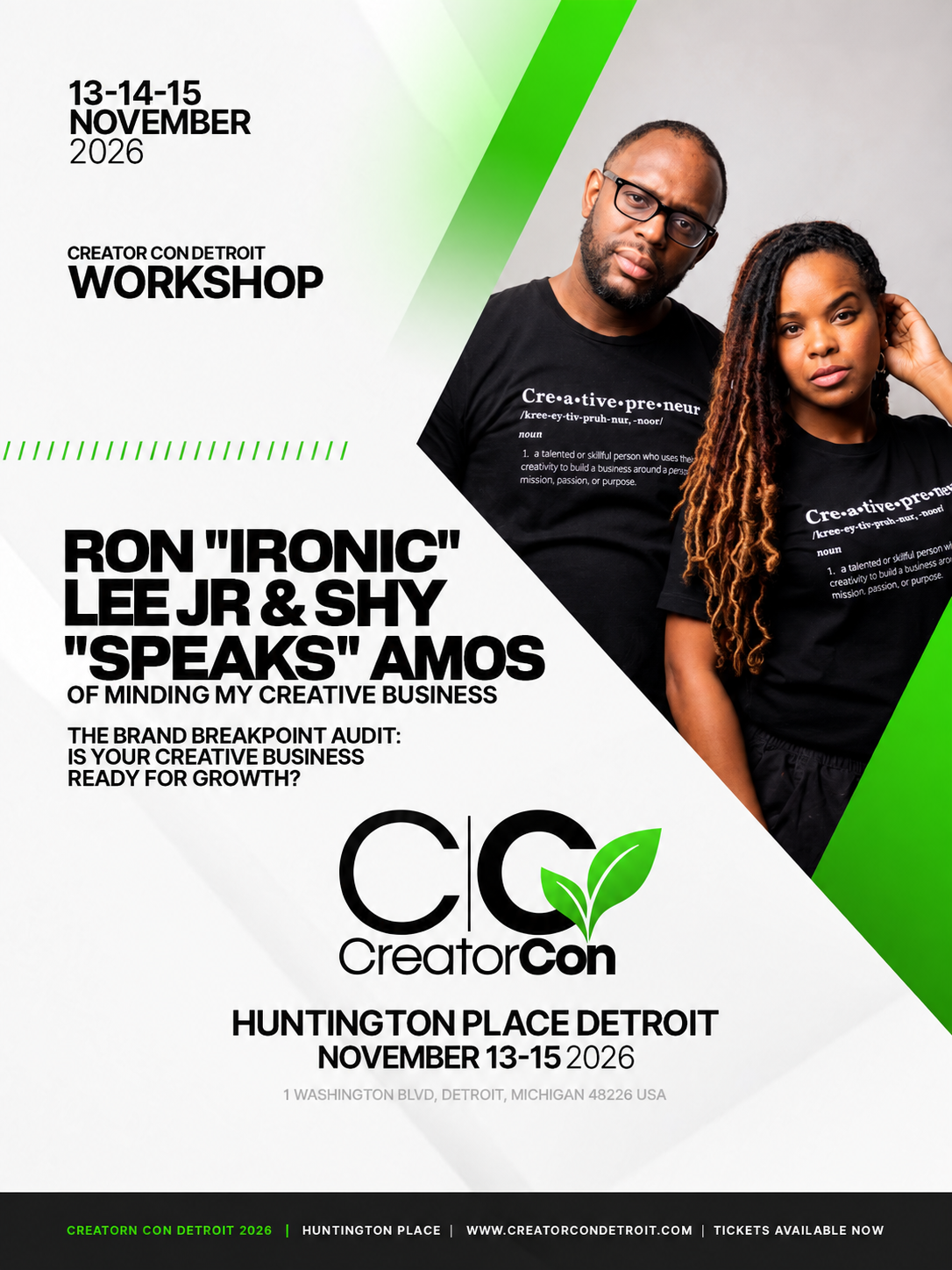Creator Con workshop flyer for Ron “iRonic” Lee Jr & Shy “Speaks” Amos of Minding My Creative Business