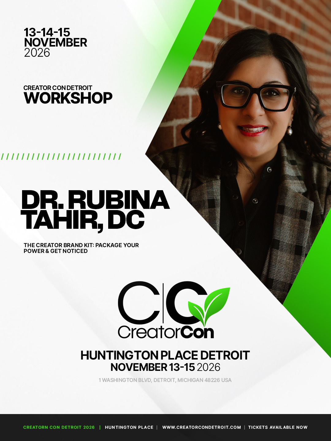 Creator Con workshop flyer for Dr. Rubina Tahr, DC